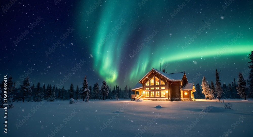 Fototapeta premium Cozy Log Cabin Under Northern Lights in Winter Night, wooden cottage under northern lights, Aurora Borealis and Snowy Cabin Wonderland Scene