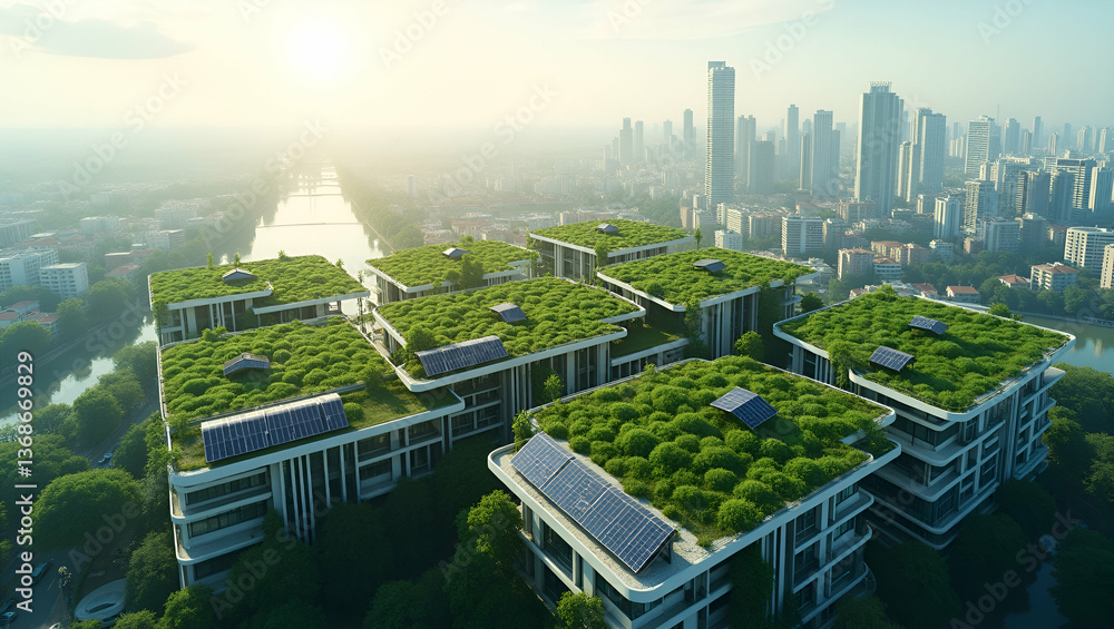 Obraz premium Photo Realistic Overhead City View: Green Roofs & Solar Panels for Sustainable Architecture