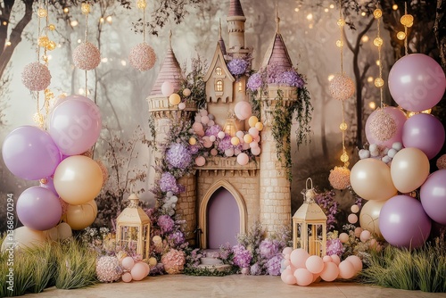 Enchanted forest themed photography backdrop with whimsical Rapunzel tower