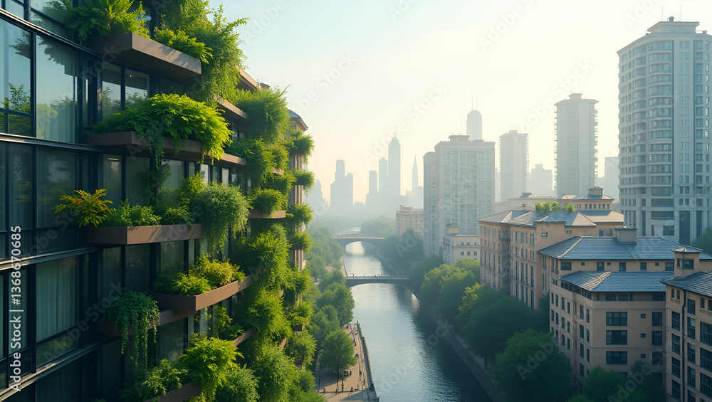 Obraz premium Urban Sustainability: Aerial Cityscape with Vertical Gardens & Rainwater Harvesting - Photo Stock