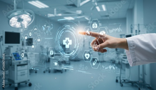 Male doctor touching holographic interface in hospital. Digital health icons represent advanced healthcare technology.