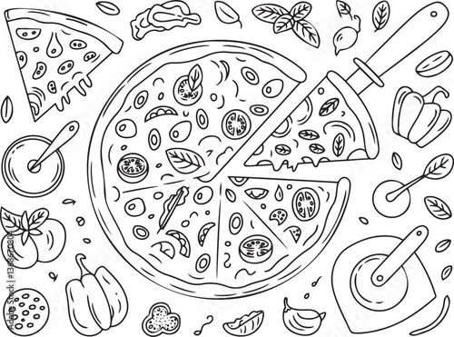 Hand-Drawn Pizza Doodle Ingredients Line Art Illustration