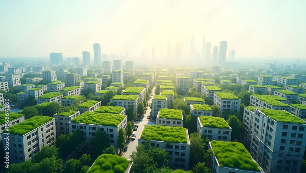 Obraz premium Top View of a City with Green Roofs: Urban Sustainability and Eco-Friendly Architecture in Double Exposure - Perfect for Stock Photos with Copy Space
