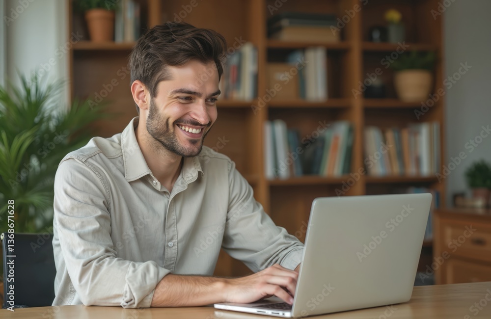 Young man studies or works on laptop in home office, smiling. Student or freelancer with computer. Happy, cheerful guy uses notebook. Modern tech, remote work, online education, distance learning. Young man studies or works on laptop in home office, smiling. Student or freelancer with computer. Happy, cheerful guy uses notebook. Modern tech, remote work, online education, distance learning.