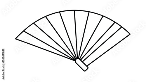 Vintage folding fan made of bamboo and paper on a white background, showcasing traditional Japanese and Chinese design with a wooden hand and intricate patterns