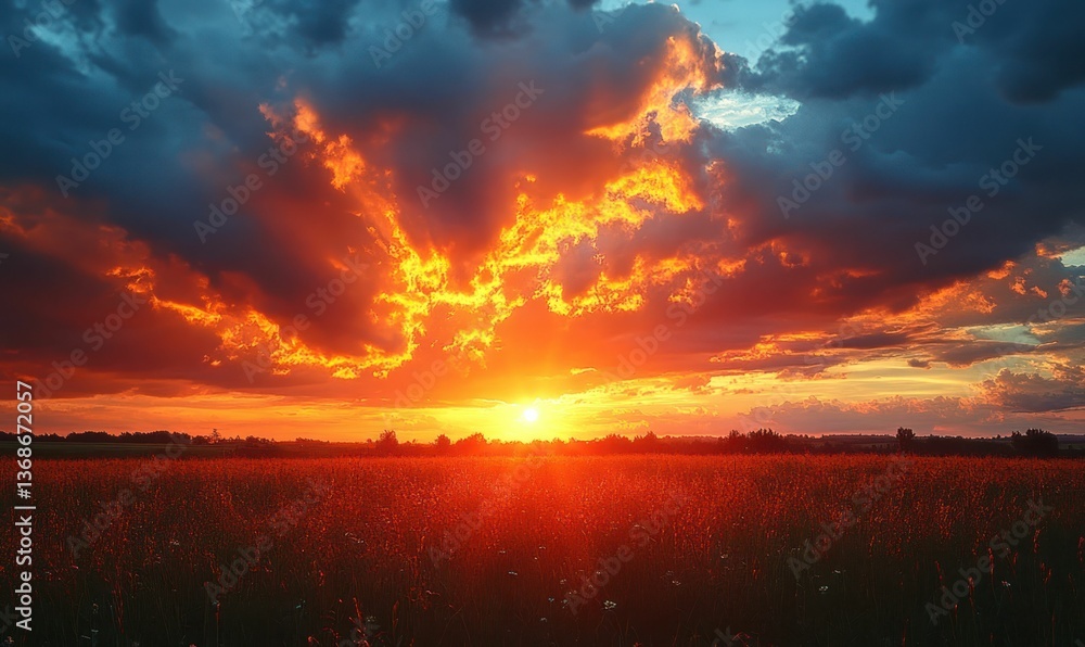 Fototapeta premium Fiery sunset illuminates grassy field, dramatic clouds.