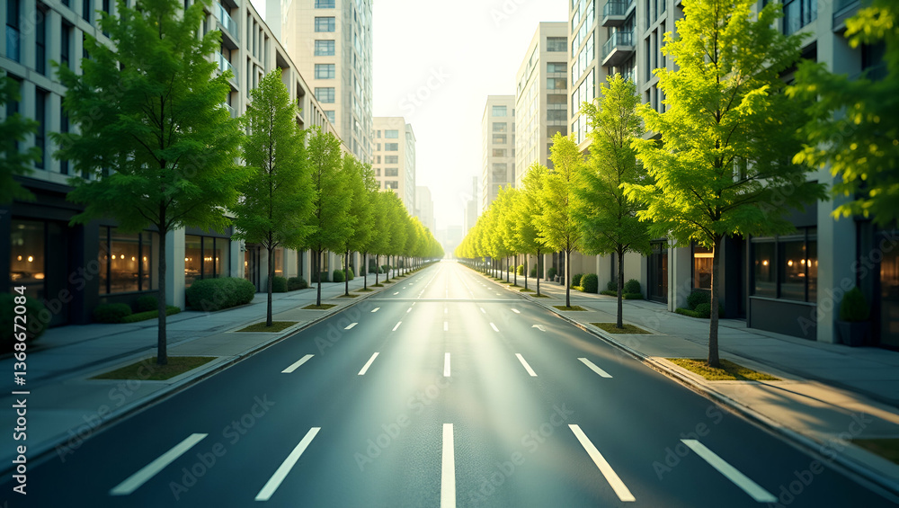 Photo Realistic Overhead View of Boulevard with Solar Trees - Green Energy Innovation Concept Photo Realistic Overhead View of Boulevard with Solar Trees - Green Energy Innovation Concept