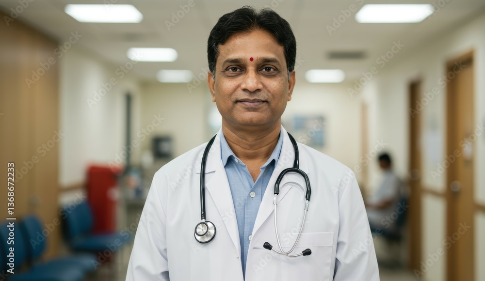 Indian doctor wearing white coat and stethoscope in hospital corridor. Represents healthcare professionalism and community health. Indian doctor wearing white coat and stethoscope in hospital corridor. Represents healthcare professionalism and community health.