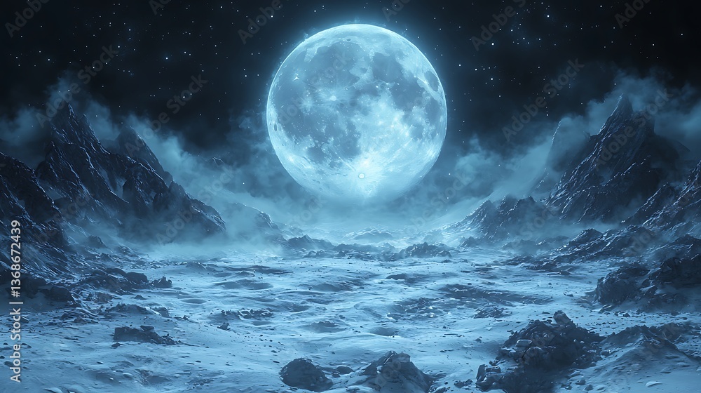 Fototapeta premium Frozen mountain valley bathed in moonlight high resolution image