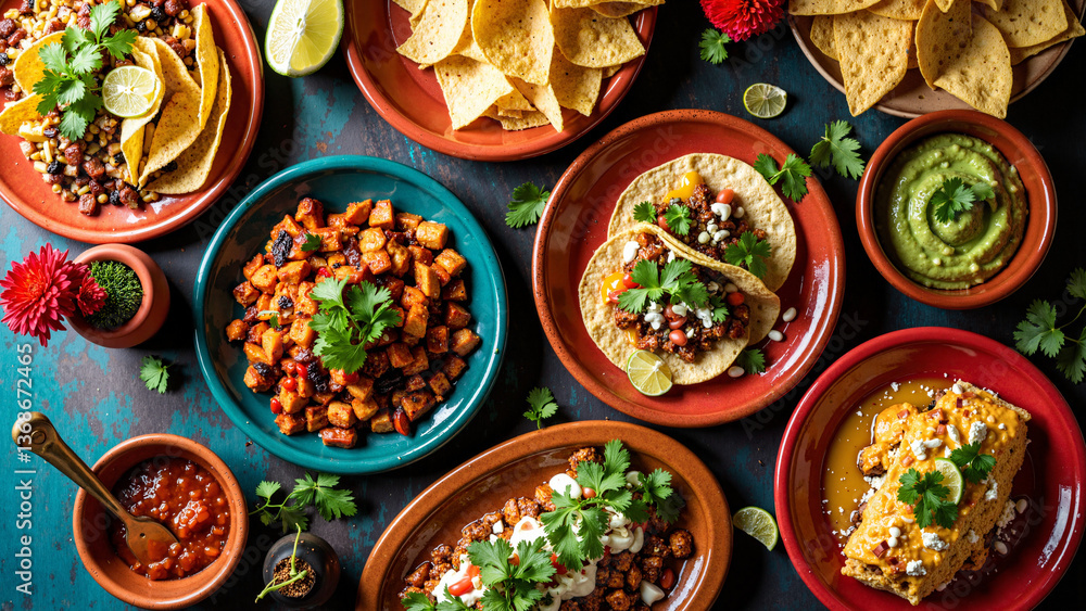 A vibrant bird's-eye view of authentic Mexican cuisine spread, isolated on transparent background for marketing materials and food blogs. A vibrant bird's-eye view of authentic Mexican cuisine spread, isolated on transparent background for marketing materials and food blogs.