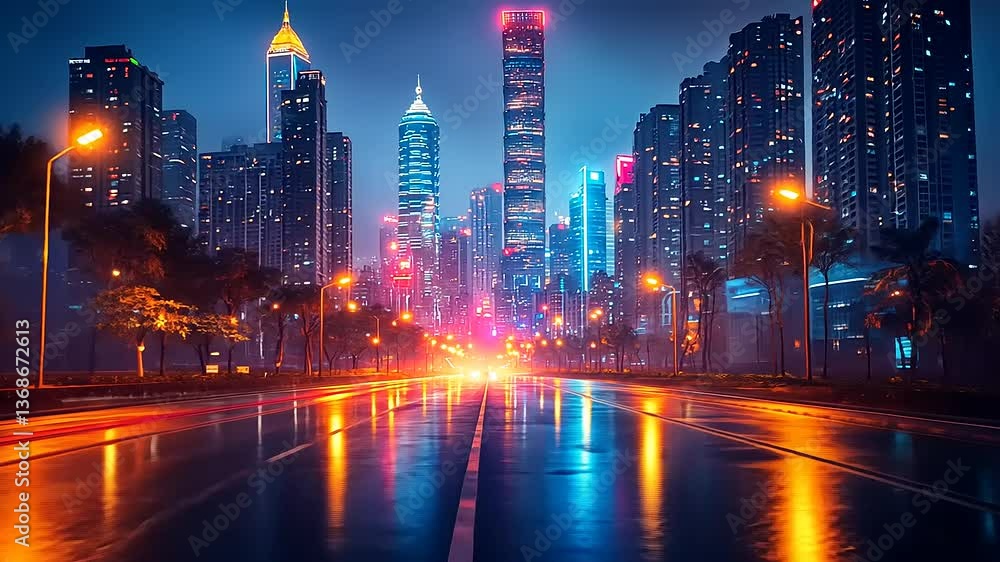 Vibrant cityscape at night with illuminated skyscrapers and wet streets reflecting neon lights Vibrant cityscape at night with illuminated skyscrapers and wet streets reflecting neon lights