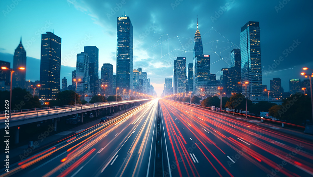 Fototapeta premium 3d Flat icon as Top view of a cityscape with overlay of smart traffic systems symbolizing advanced transportation in double exposure with copy space. concept as A top view of a cityscape intertwined w