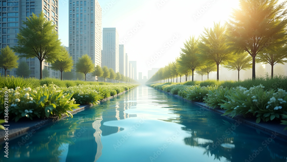 Fototapeta premium Eco-Friendly Urban Water Management: 3D Flat Icon with Bio Swale Design
