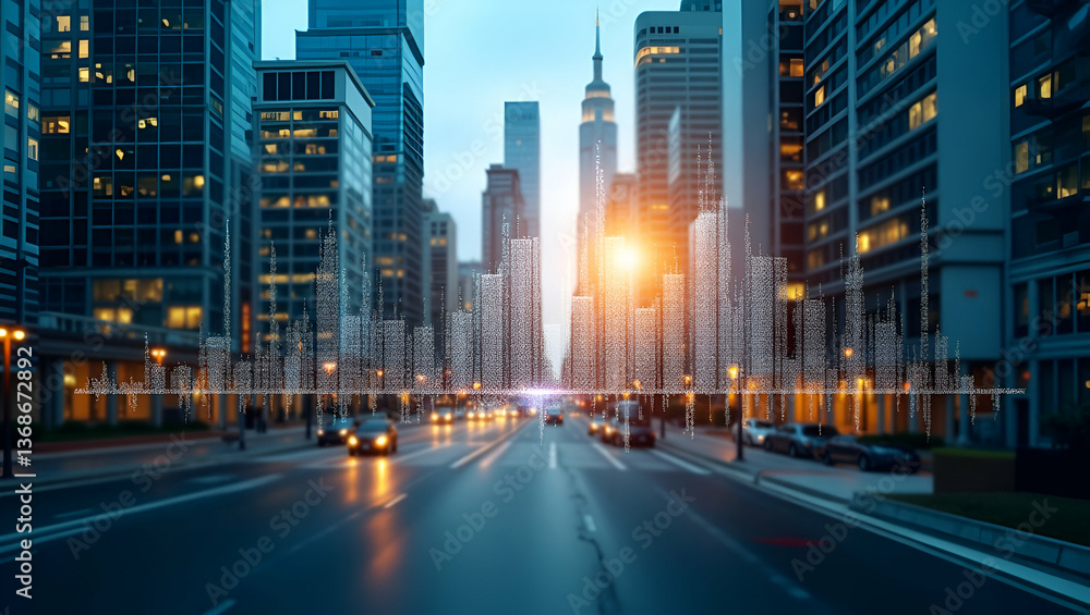 Naklejka premium Photo Realistic Double Exposure: Merging Business Charts with Urban Financial Districts for Stunning Financial Data Visualization - Perfect for Stock Photography