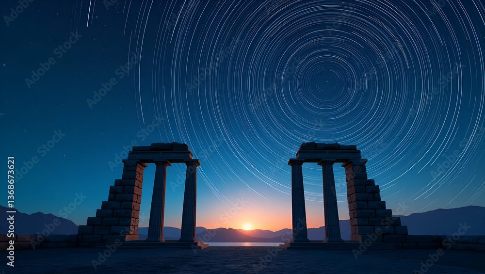 Fototapeta premium Photo Realistic Flat Design: Star Trails Over Ancient Ruins - A Long Exposure Illustration Capturing the Connection Between Past Civilizations and the Cosmos Above