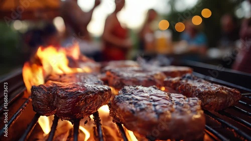 Outdoor barbecue with meat grilling on a fire, with group of friends celebrating lively in the backyard.