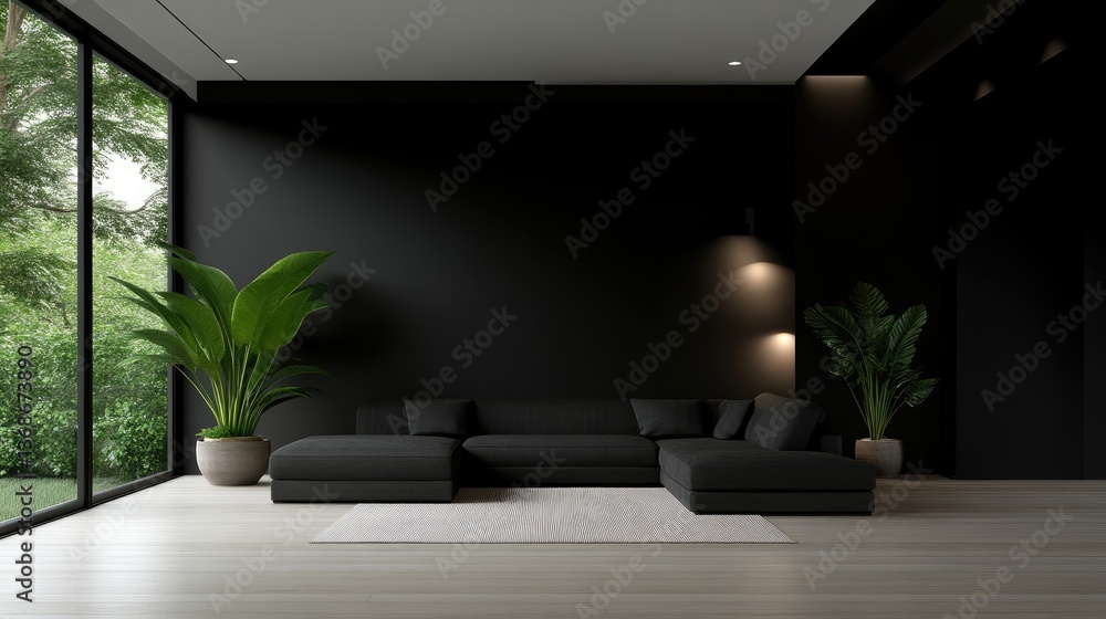 Fototapeta premium Modern minimalist living room with black walls and a large sectional sofa, bathed in natural light from large windows overlooking a lush garden