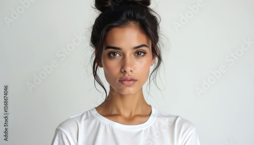 Beautiful brunette woman portrait. Calm facial expression. Female with dark hair in bun wearing white t-shirt, isolated on white background. Confident Indian model, studio shot.