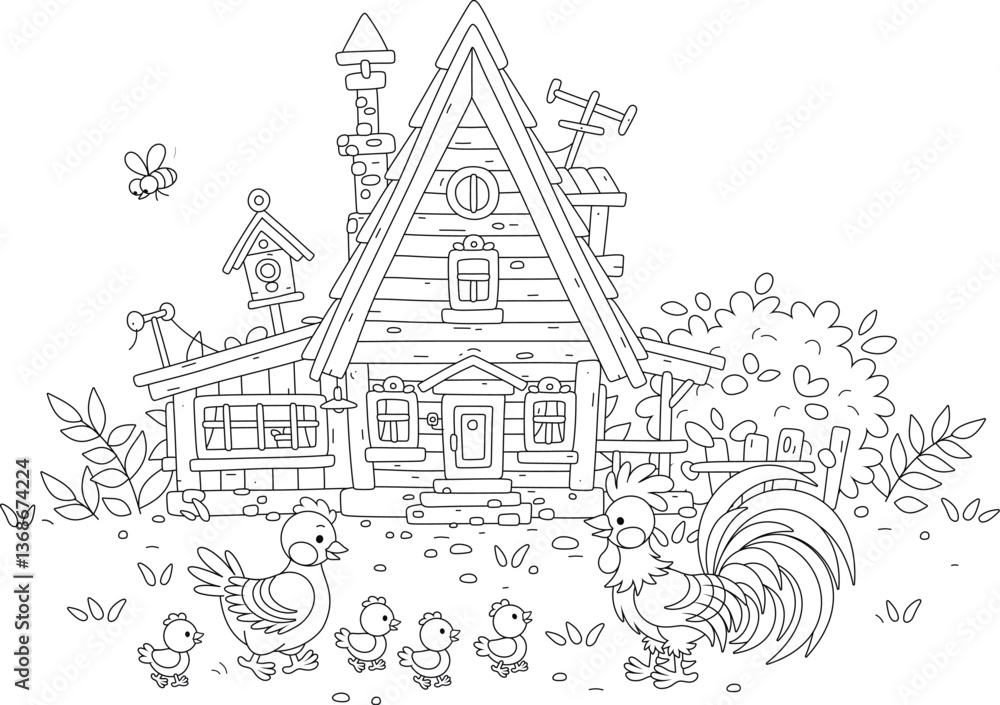 Obraz premium Funny chicken family of a cute hen, a colorful rooster and a merry brood of yellow small chicks walking in a yard of a wooden village house on a warm summer day, black and white vector cartoon