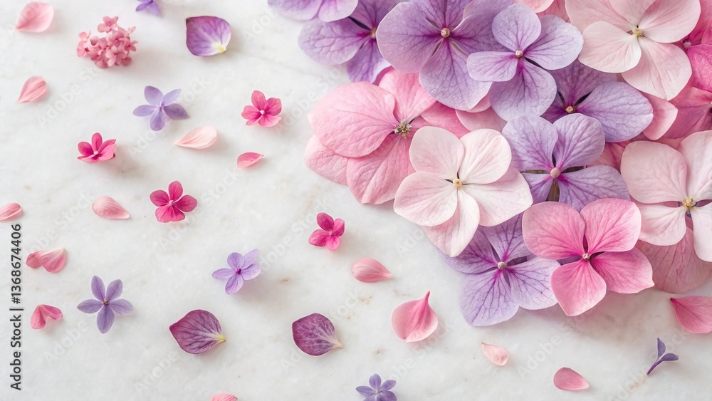 Fototapeta premium Flat Lay of Scattered Pink and Purple Hydrangea Flowers – Delicate March 8th Festive Background