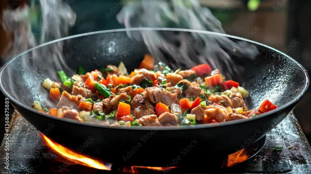 Fresh vegetables and meat being stir fried in a hot wok over open flame with steam rising. Fresh vegetables and meat being stir fried in a hot wok over open flame with steam rising.