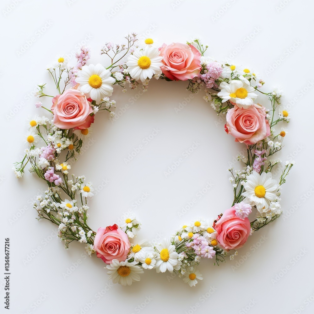 Circular Floral Arrangement of Pink Roses and White Daisies on a White Backdrop Minimalist Style Circular Floral Arrangement of Pink Roses and White Daisies on a White Backdrop Minimalist Style