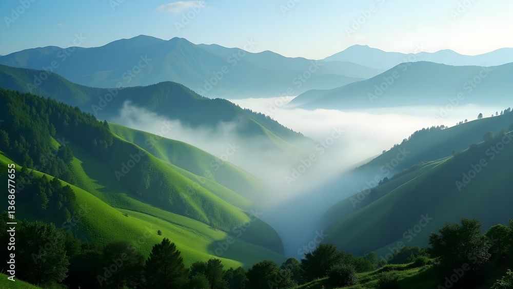 Fototapeta premium The fairyland in the mountains shrouded in clouds and mist