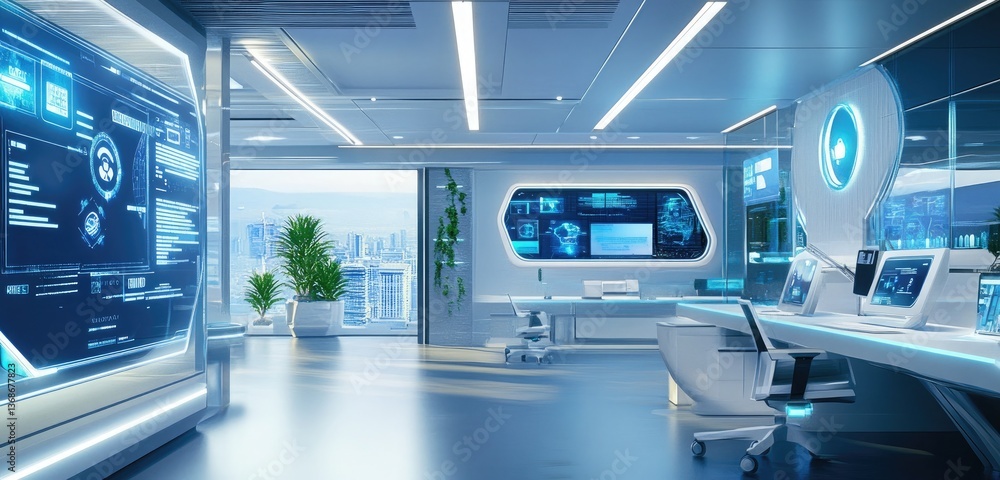 A futuristic office space with advanced AI systems assisting employees, with digital assistants and interactive displays seamlessly integrated into the work environment. A futuristic office space with advanced AI systems assisting employees, with digital assistants and interactive displays seamlessly integrated into the work environment.