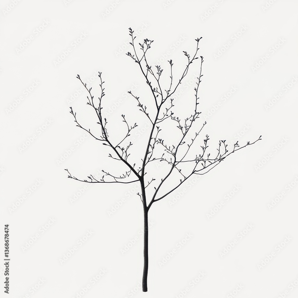 Obraz premium Delicate Branches Bare Tree Silhouette Against White Background Winter Season Nature Art Illustration