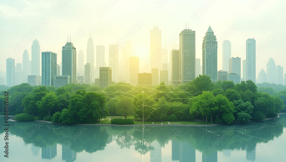 Obraz premium 3d Flat icon as Overhead view of a city with urban forests and smart grids symbolizing green city planning in double exposure with copy space. concept as An overhead view of a cityscape intertwined wi