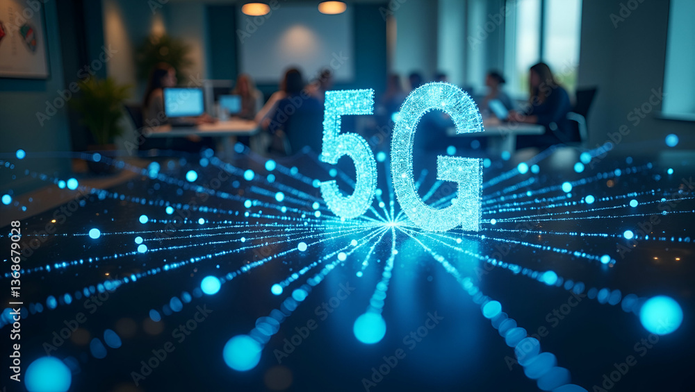 Obraz premium Overhead View of a Modern Workspace with 5G Technology Overlay: Symbolizing Business Innovation and Connectivity - Ideal for Stock Photo Use with Copy Space
