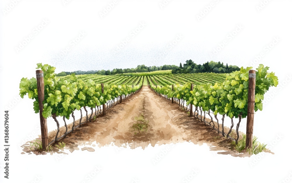 Naklejka premium A scenic vineyard landscape featuring rows of grapevines, leading into a lush green backdrop under a clear sky.