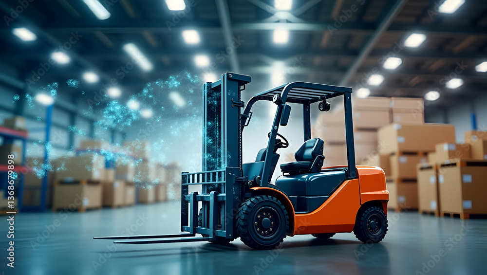Photo Realistic Double Exposure of Forklift and Robotic Arm Symbolizing Warehouse Automation - Advanced Logistics Concept with Copy Space for Custom Text Photo Realistic Double Exposure of Forklift and Robotic Arm Symbolizing Warehouse Automation - Advanced Logistics Concept with Copy Space for Custom Text