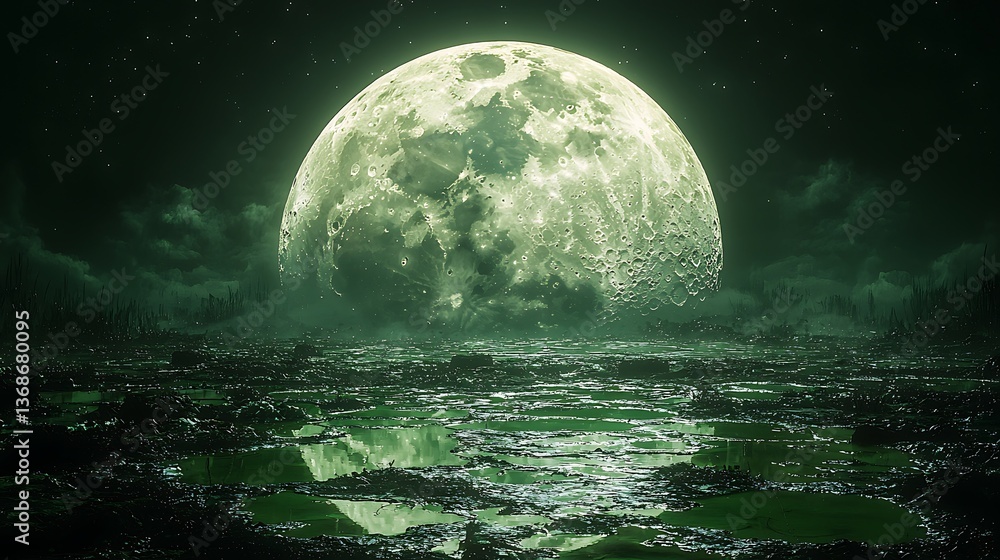 Fototapeta premium Giant green moon above toxic swamp high resolution picture