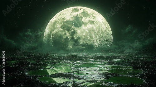 Giant green moon above toxic swamp high resolution picture