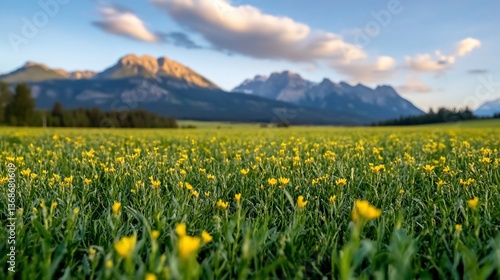 Field of yellow flowers with distant mountains under a bright blue sky