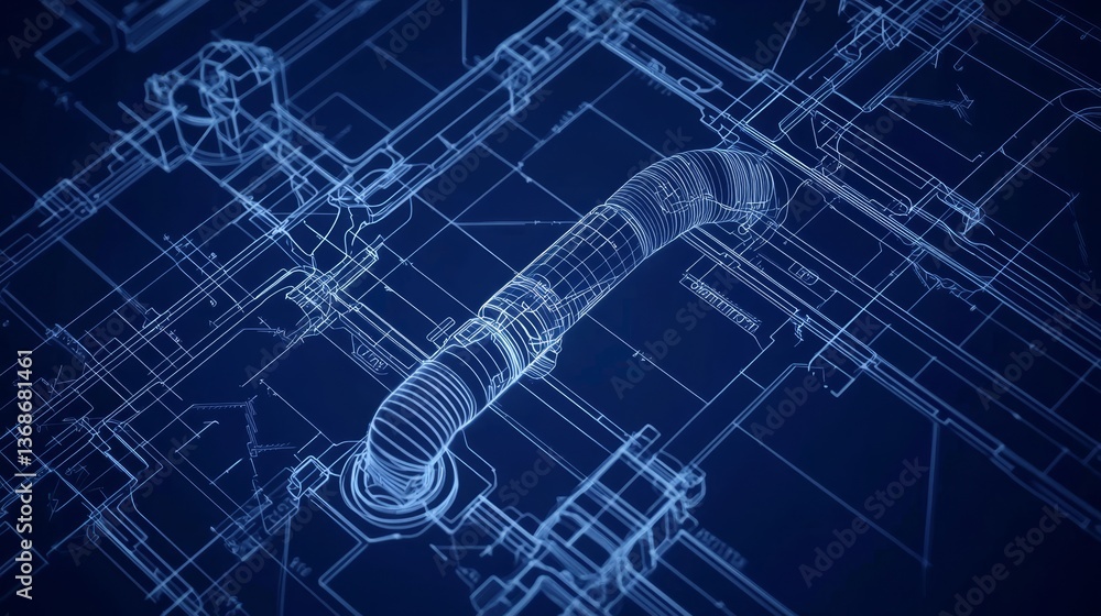 Fototapeta premium Detailed engineering piping blueprints presented in soothing blue tones.