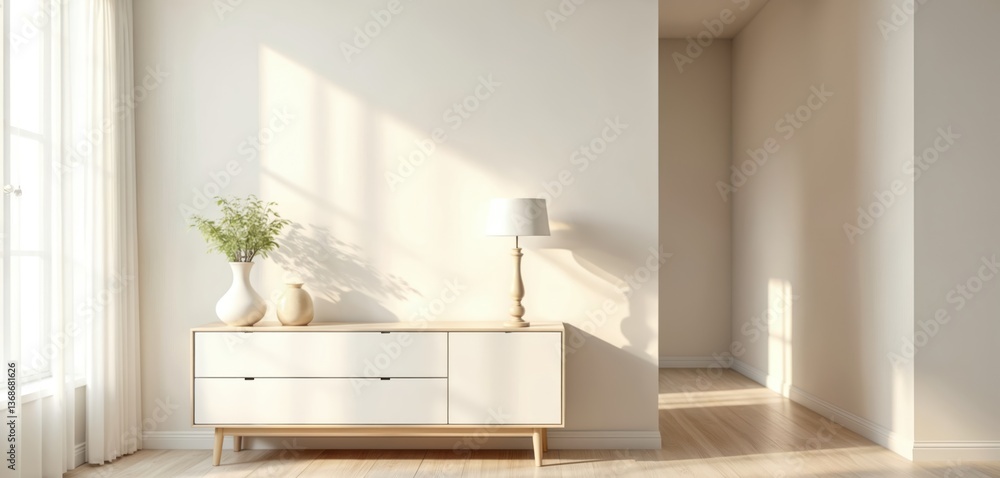 Fototapeta premium Minimalist apartment interior with white dresser, hallway. Modern decor, sunlight through window illuminates decor. Simple interior design, comfortable ambiance, residential property. Ideal for real