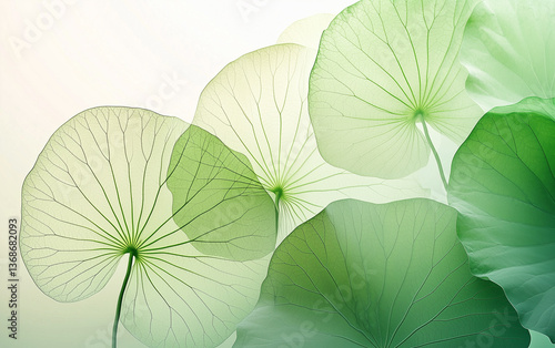 Translucent Green Lotus Leaves, Abstract Botanical Background with Delicate Veins