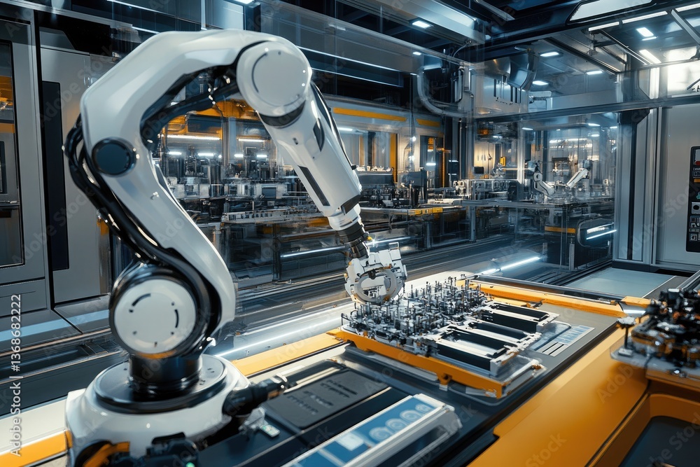 A futuristic robotic arm in action, assembling delicate components inside a sleek, modern manufacturing plant with high-tech tools and an efficient layout. A futuristic robotic arm in action, assembling delicate components inside a sleek, modern manufacturing plant with high-tech tools and an efficient layout.
