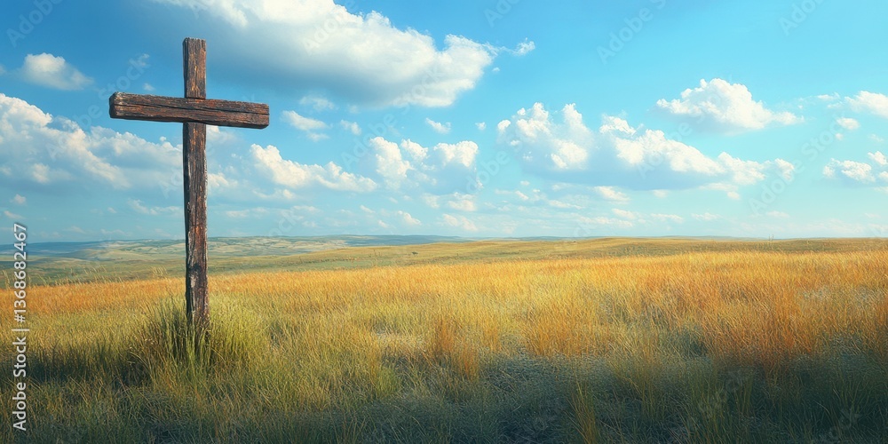 Lonely wooden cross standing in a vast golden field under a blue sky with fluffy clouds during the afternoon Lonely wooden cross standing in a vast golden field under a blue sky with fluffy clouds during the afternoon