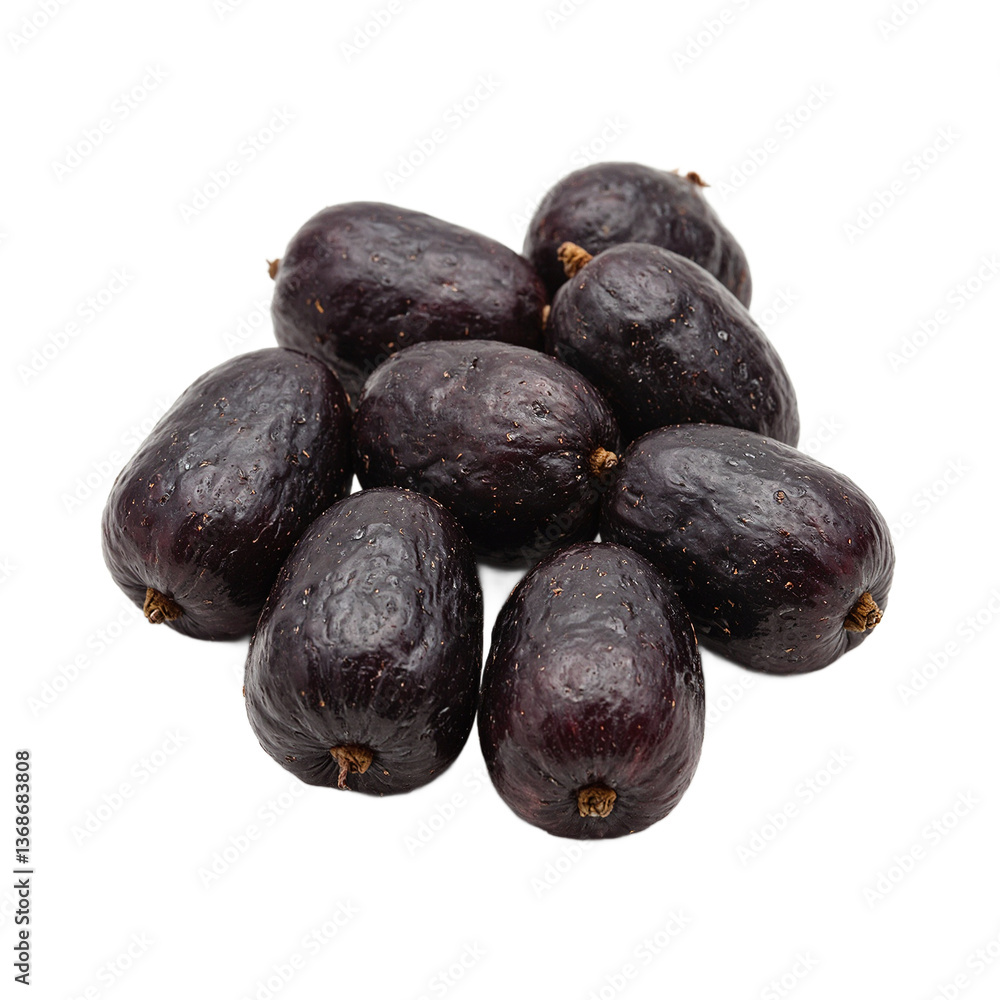 Obraz premium Fresh dark mulberries with a rich purple black hue and glossy surface bunched together on a clean white background