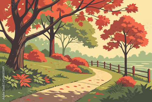 67 Vibrant autumn park, colorful foliage, red maple trees, fallen leaves on pathway, green grass, wooden fence, tranquil landscape, high contrast colors, photorealistic, detailed nature scene, serene 