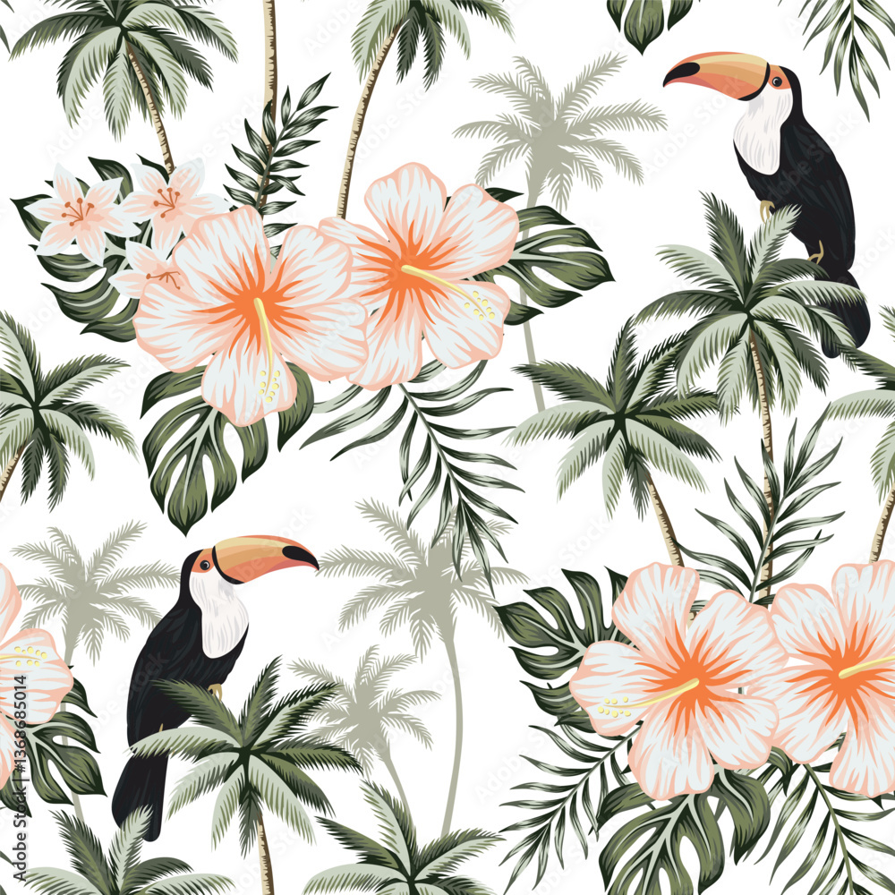 Εκτύπωση καμβά Tropical vintage palm leaves, palm tree, pink hibiscus flower, toucan floral seamless pattern white background