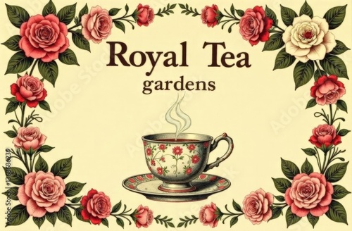 Antique botanical poster, floral border with roses and peonies, central illustration of tea cup , ornate typography 'Royal Tea Gardens', sepia style 