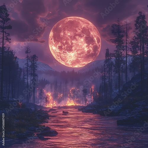 Intense wildfire under twilight moon high resolution photo