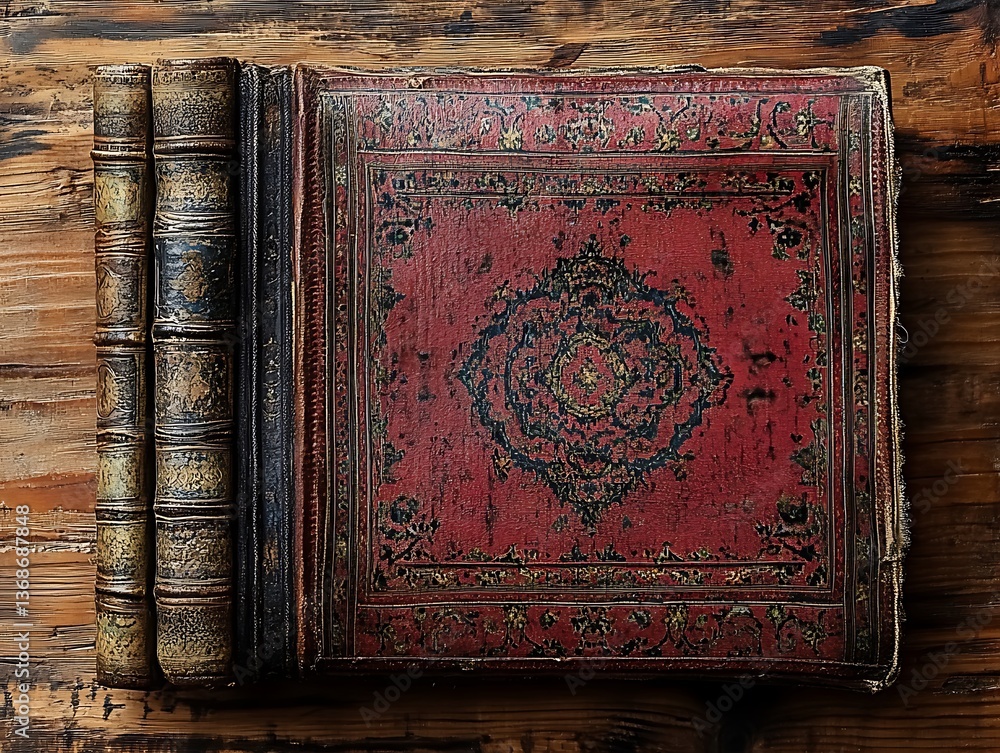 Fototapeta premium An antique leather bound book rests open on a wooden surface