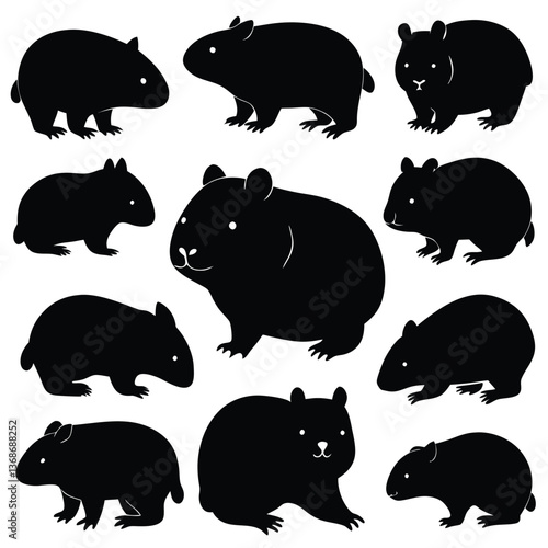 set of wombats, collection of silhouettes of black vector