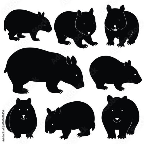 set of wombats, collection of silhouettes of black vector