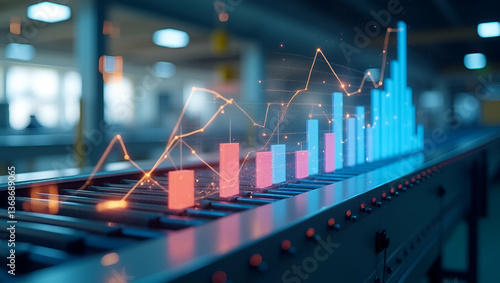 Photo realistic as Conveyor system and a demand forecast chart symbolizing demand forecasting in double exposure with copy space. concept as A conveyor system blended with a demand forecast chart repr